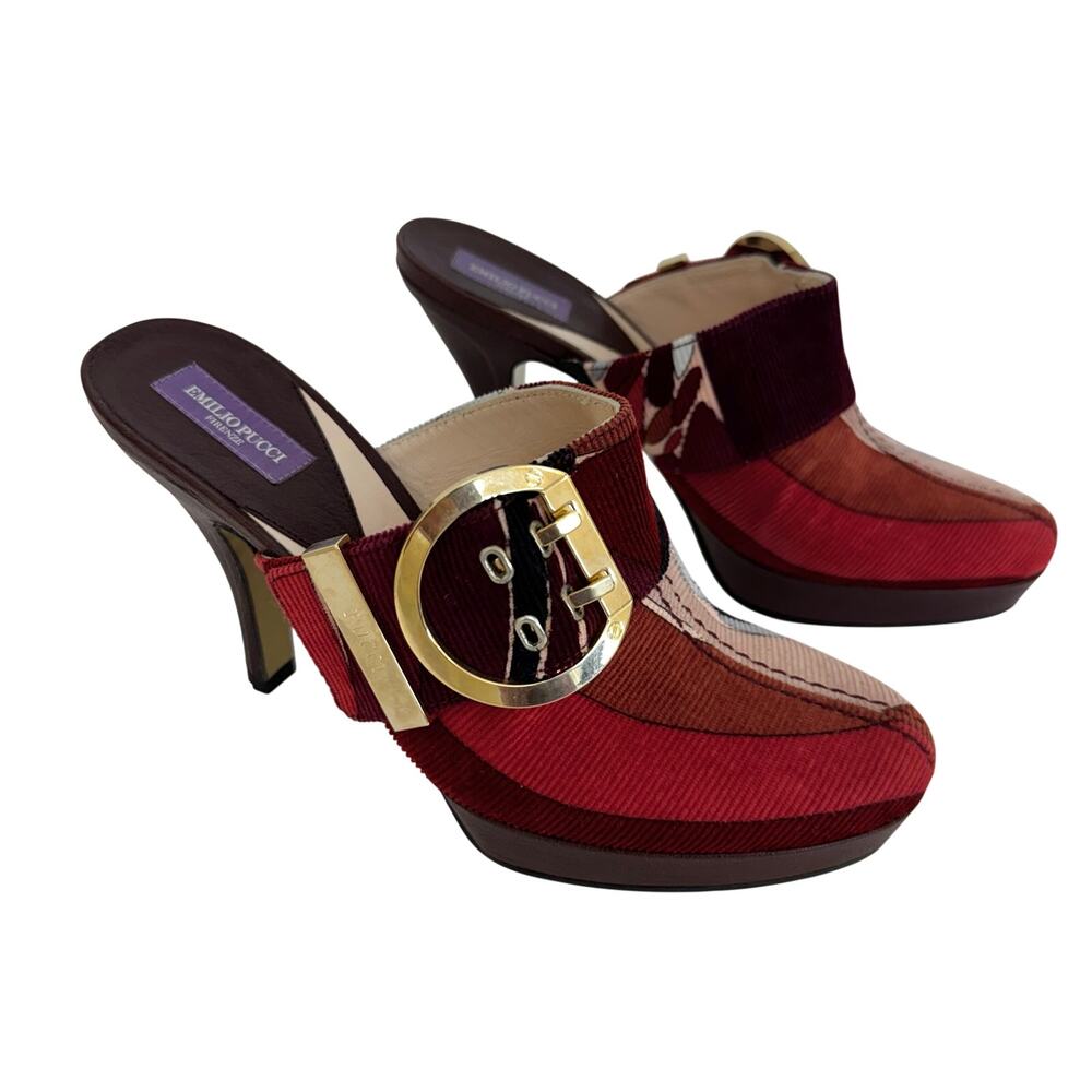 Emilio Pucci Firenze Multicolor Corduroy Platform Heeled Mules Shoes 36 (US 6)